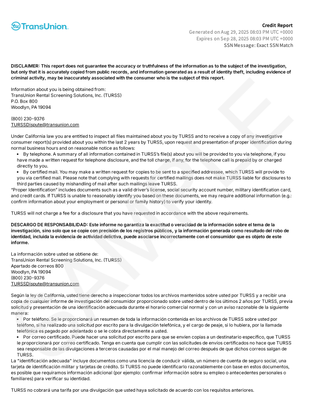 Sample Document: A Completed RentSpree Application & TransUnion ...